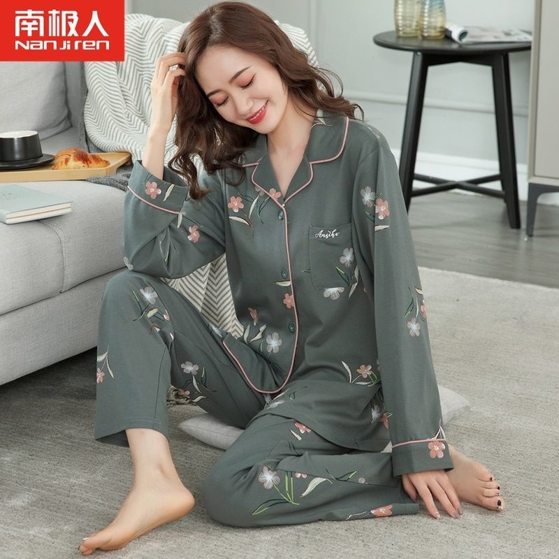 La Primavera y El Otoño 100% de algodón a cuadros pijamas las mujeres la solapa manga larga traje cardigan Sweet Home wear