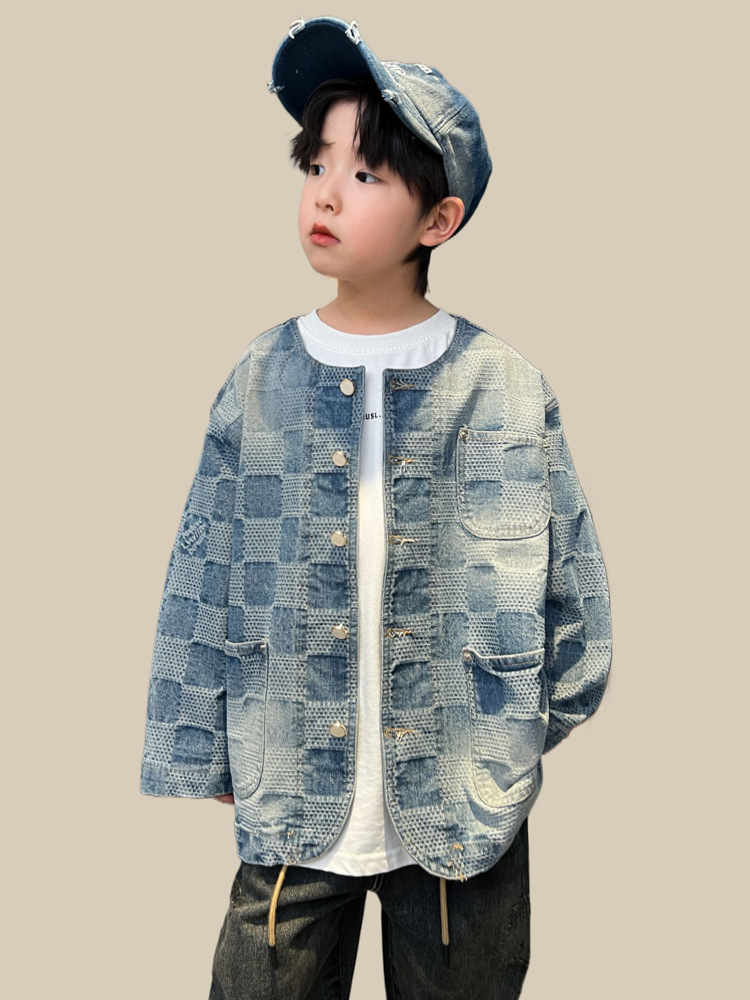 (2개) 소년 데님 코트 2024 새로운 어린이 가을 코트 시원하고 서양식 큰 어린이 가을 야구 세트