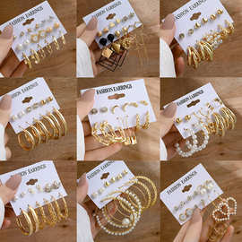 热销复古金色几何女士耳环套装时尚珍珠圆形耳圈耳饰 earring set