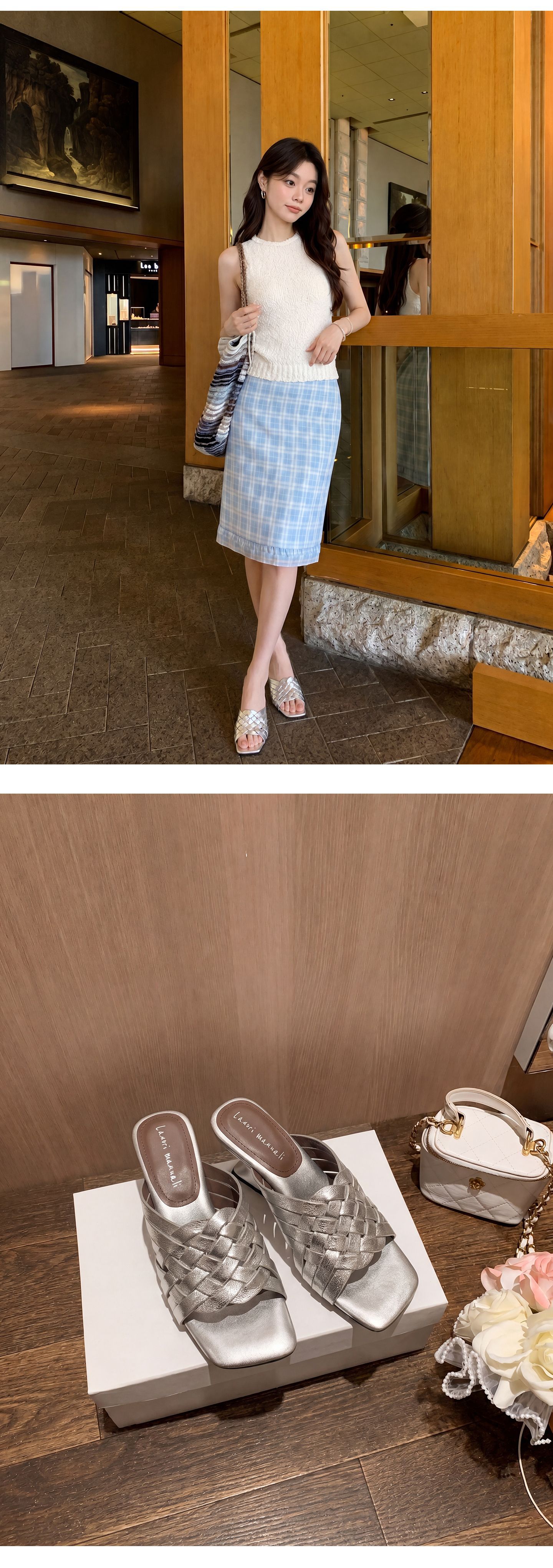 Sandal cao gót nữ mũi vuông đan chéo, gót xuồng 9 cm — Trần truồng hồng, màu đen, màu trắng ngà, bạc chi tiết 15