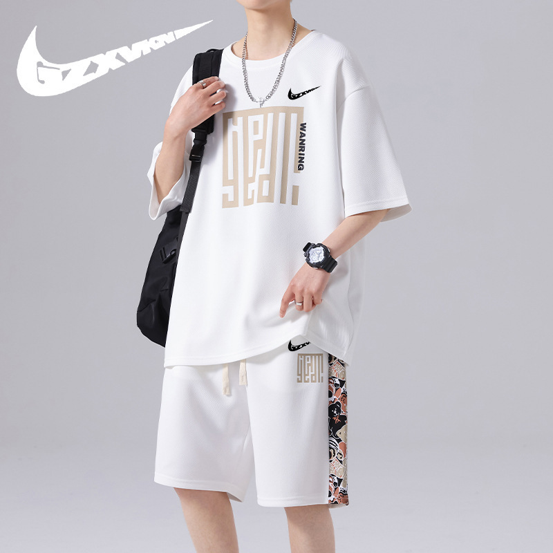 Summer Thin Korean Casual Printed Letter Suit Men's Trendy Brand Round Neck Short-Sleeved Hong Kong Style Sportswear Two-Piece Set Summer Thin Korean Casual Printed Letter Suit Men's Trendy Brand Round Neck Short-Sleeved Hong Kong Style Sportswear Two-Piece Set