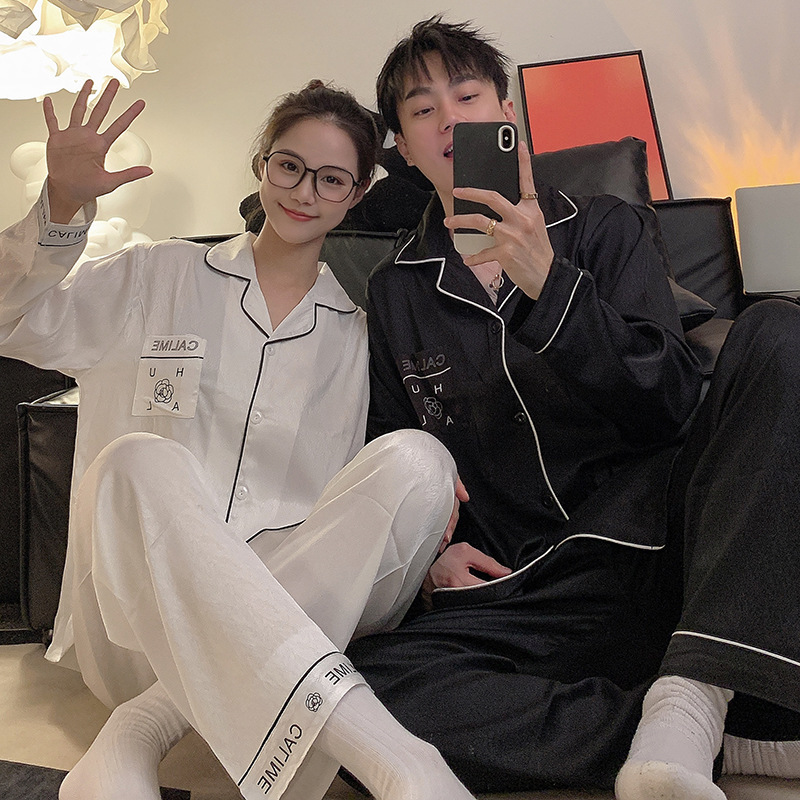 Pareja de pijamas de las mujeres de primavera y otoño de seda de hielo de manga larga delgada de seda real más el tamaño de grasa mm200 kg traje de los hombres de verano