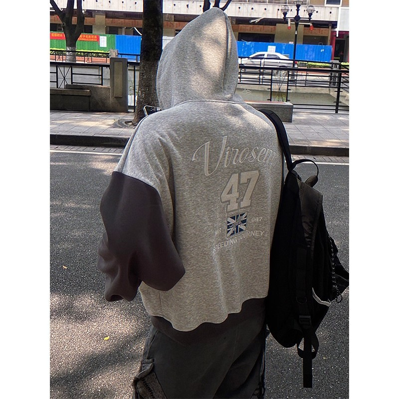 Men's Clothing Unisex Street Style Hooded Cardigan Raglan Sleeve Patchwork Embroidered Loose Casual Top Trendy Versatile Jacket Sweatshirt_viptrois.com