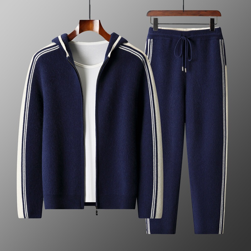 New cross-border men's pure wool cardigan with hood, color-blocking, thickened, loose fit, plus-size knit cardigan set for foreign trade New cross-border men's pure wool cardigan with hood, color-blocking, thickened, loose fit, plus-size knit cardigan set for foreign trade