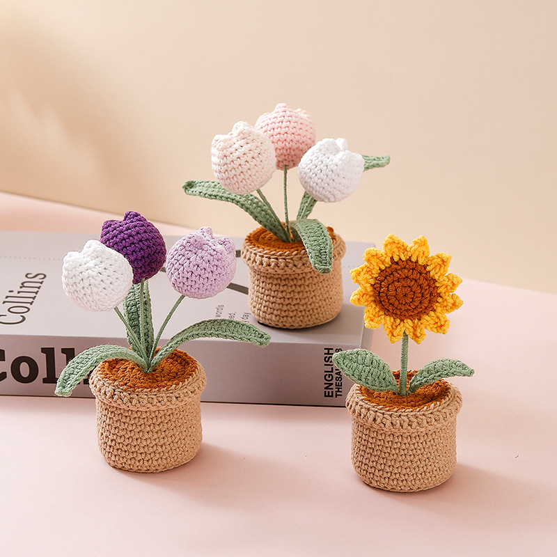 Transfronterizos terminados tejidos a mano tulipanes girasoles imitación flor lana en maceta Día de la Madre Día del Maestro regalo exquisito