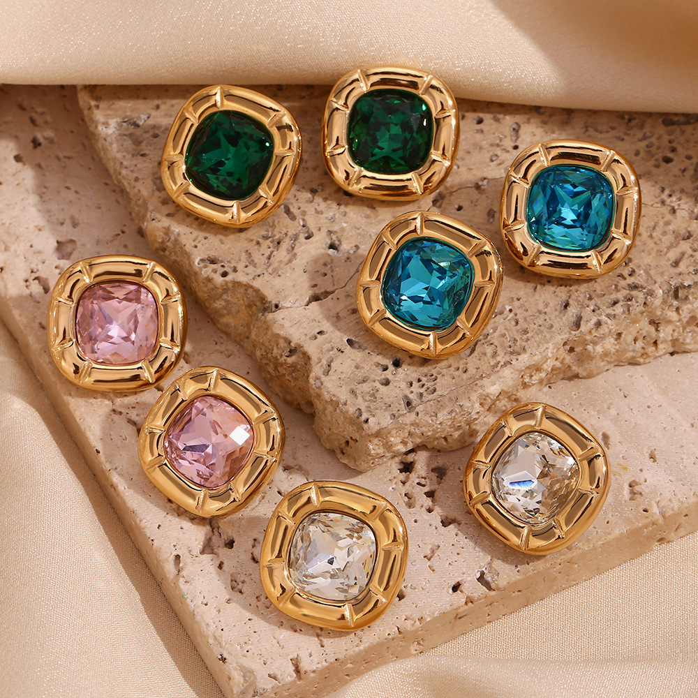 Mode retro nische ring frauen edelstahl K gold überzogene abgerundete ecke platz blume zirkon stud ohrringe halskette_voghion.com