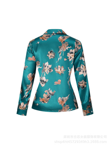 【Label】Golden Lotus Print Shirt for Spring and Summer, Collared, Elegant Satin Face, Tapered Long Sleeve Professional Clothing