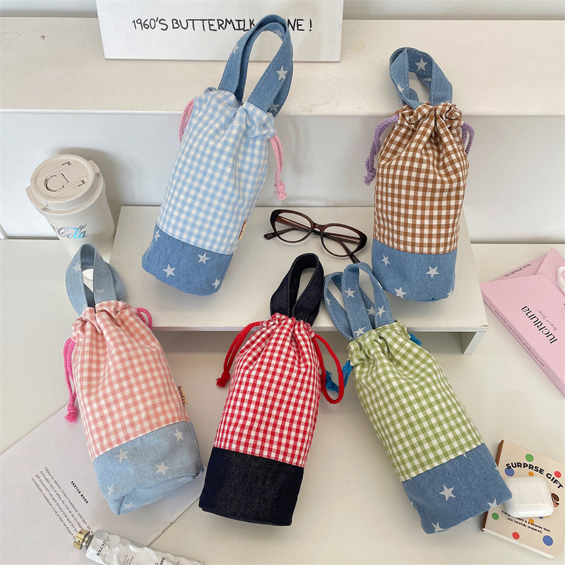 5841 Spliced ​​Plaid Water Cup Bag Drawstring Drawstring Water Cup Bottle Thermos Cup Storage Bag Outing Anti-Scalding Tote Bag