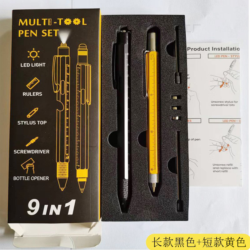 Estuche para bolígrafos con abridor de botellas 9 en 1, bolígrafo con luz LED, herramienta multifuncional, bolígrafo de metal 6 en 1, bolígrafo de regalo