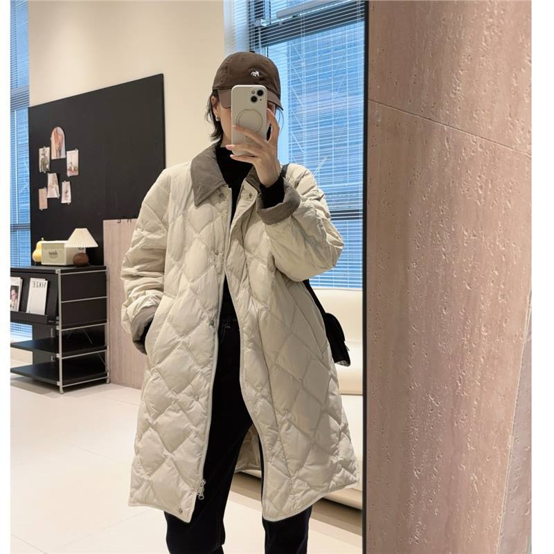 Lightweight Temperature Locking! Lapel Quilted 90 White Duck down Jacket Warm Korean Lapel Mid-Length down Jacket for Women Winter