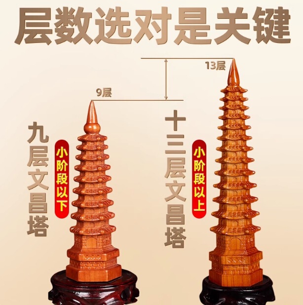 卸売9層と13層の木彫り装飾品、オフィスや書斎の試験ギフト、桃木文昌塔彫刻|undefined