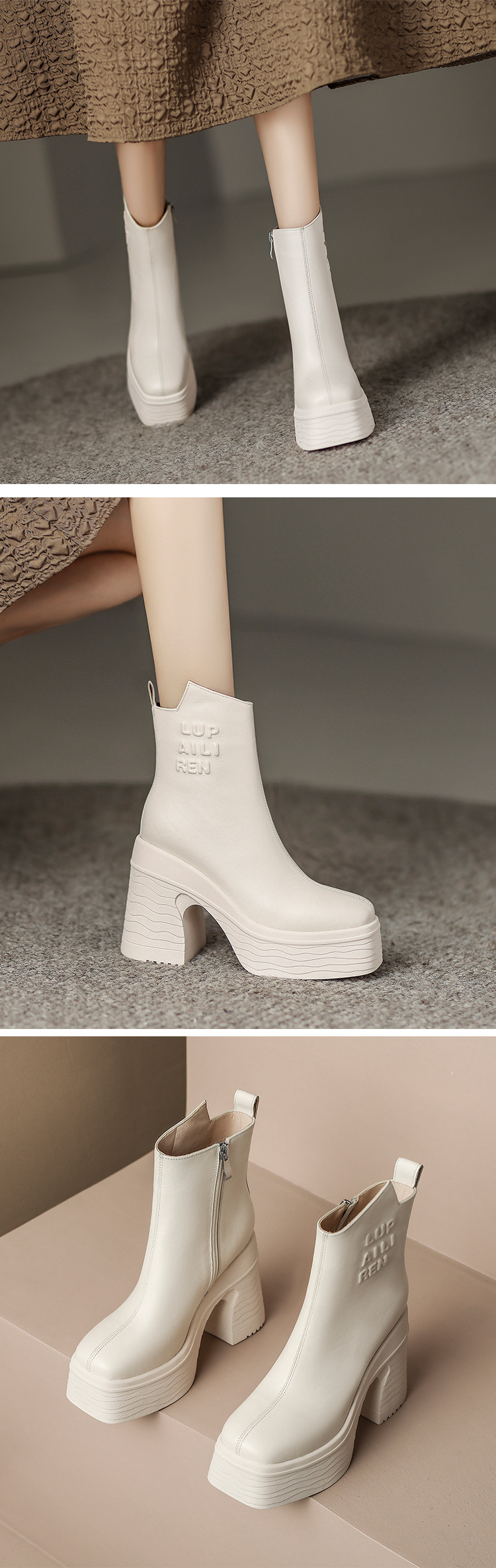 Boot cổ thấp da bò tăng chiều cao đế dày mũi vuông gót vuông nữ — Lớp lót đơn màu be, nhung đen, Lớp lót nhung màu be, Màu đen một lớp chi tiết 8