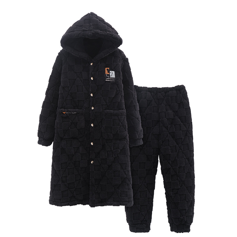 Pijamas de hombre Otoño e Invierno lana de coral engrosada forro polar cálido camisón acolchado de tres capas traje de franela para el hogar