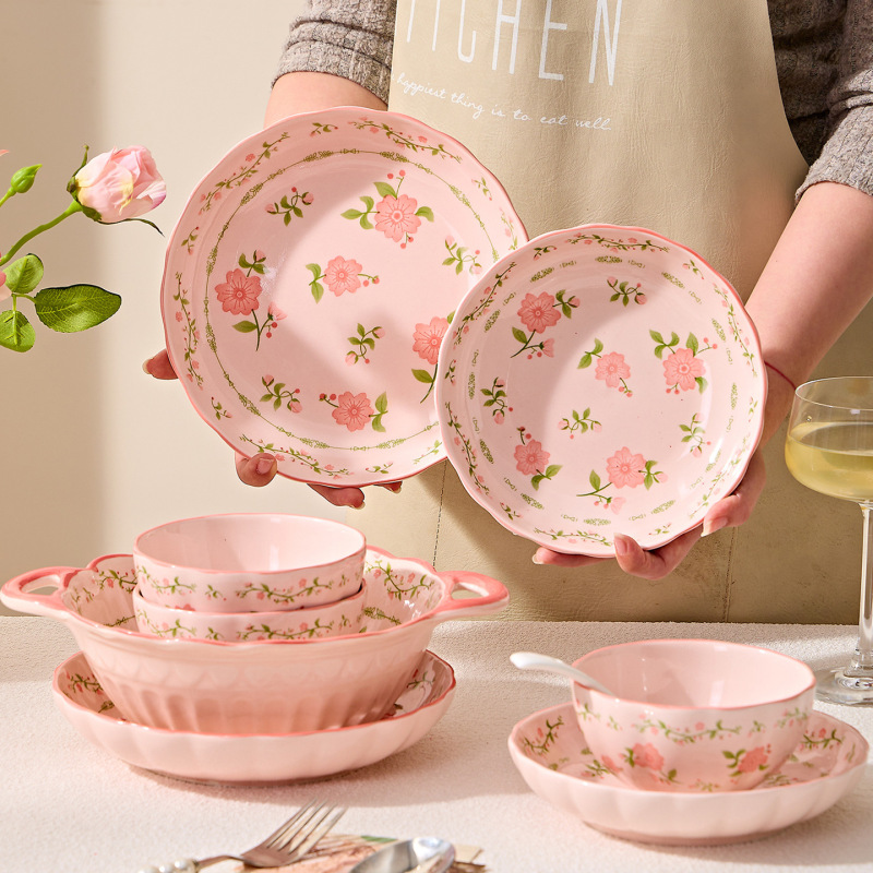 Japanese-Style Pastoral High-Aesthetic Ceramic Tableware Underglaze Color Home-Use 2026 New Model Rice Bowls and Plates Set