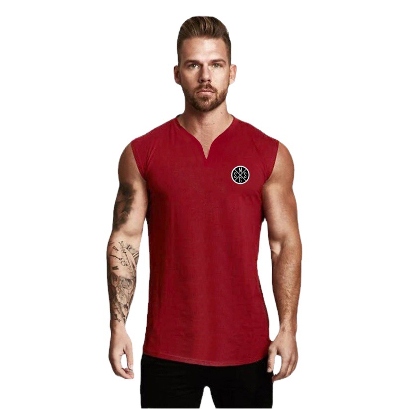 Moda europea y americana pequeño cuello en V chaleco deportivo hombres verano culturismo fitness camiseta sin mangas correr entrenamiento apretado superior algodón