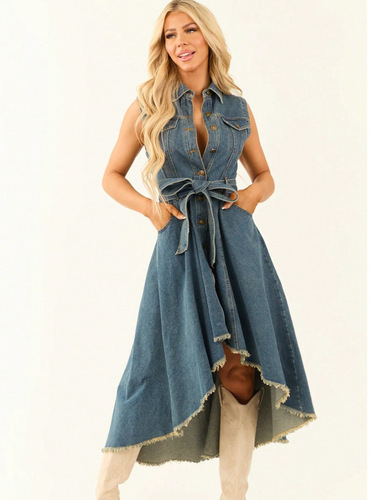 Cross-border European and American denim dress—fashionable, sleeveless, unique, with irregular raw-edge design—on TEMU, Amazon, OZON, and independent websites.