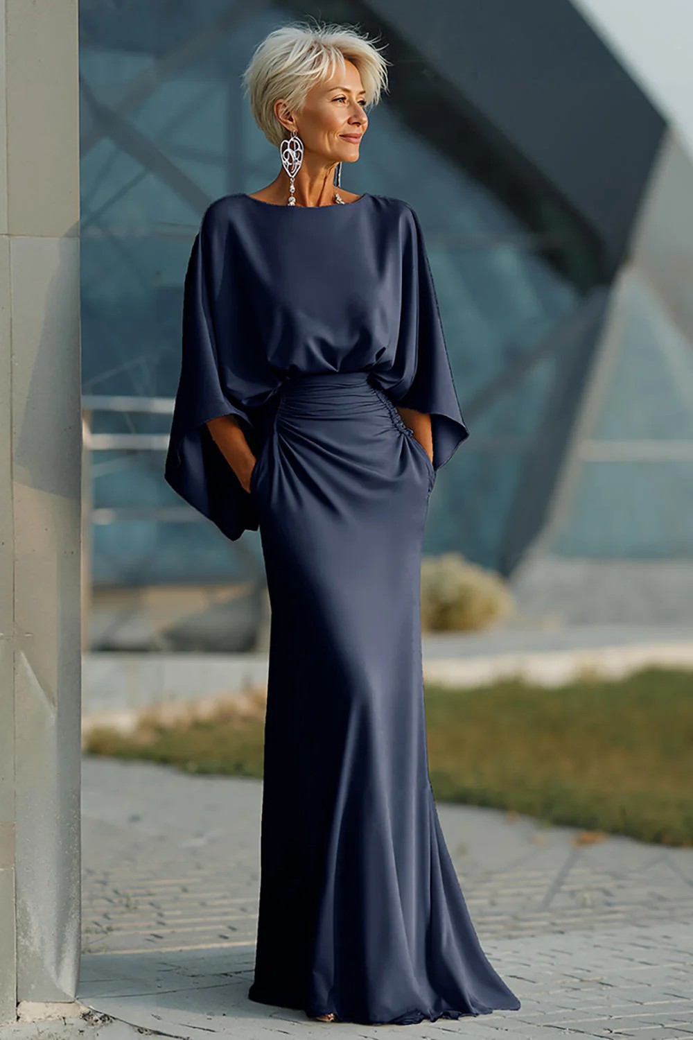 Elegant Backless Pleated Long Dress For Women American Style Slim Fit With Pockets New In Stock_ecoleips.com