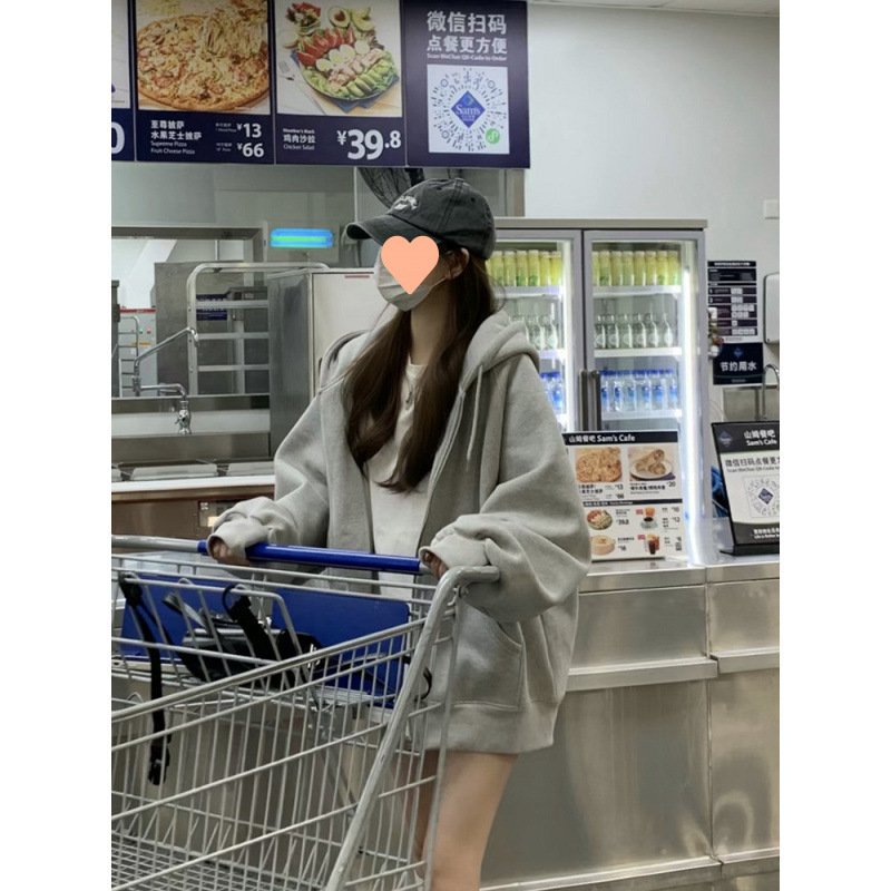 即墨卫衣显瘦外套女春秋2025新款女装灰色连帽重磅开衫韩系风穿搭|undefined