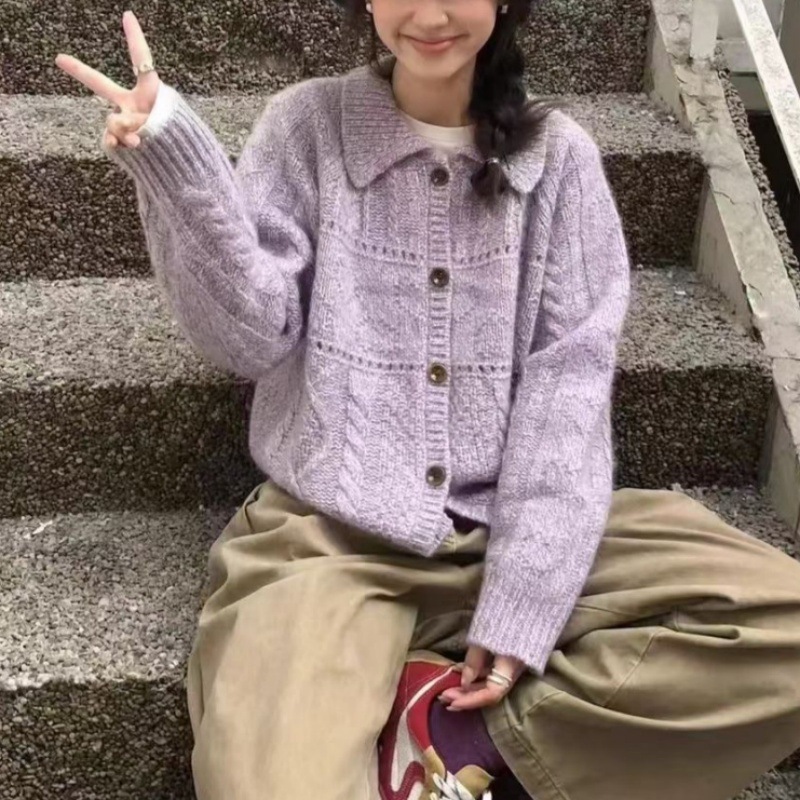 跨境韩国秋冬新款毛衣外套女装翻领温柔风麻花镂空针织开衫上衣|undefined