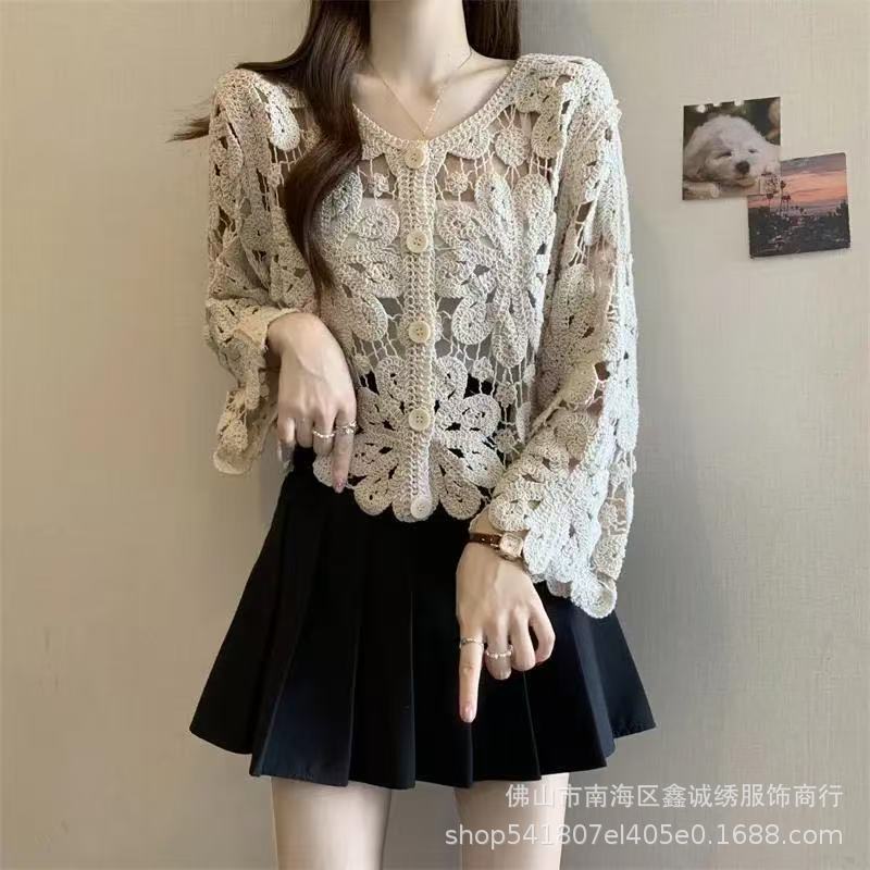 Hollow Knitted Cardigan Women's Thin Top Shawl Spring & Fall with Suspender Skirt and Sun Protection Blouse Small Jacket