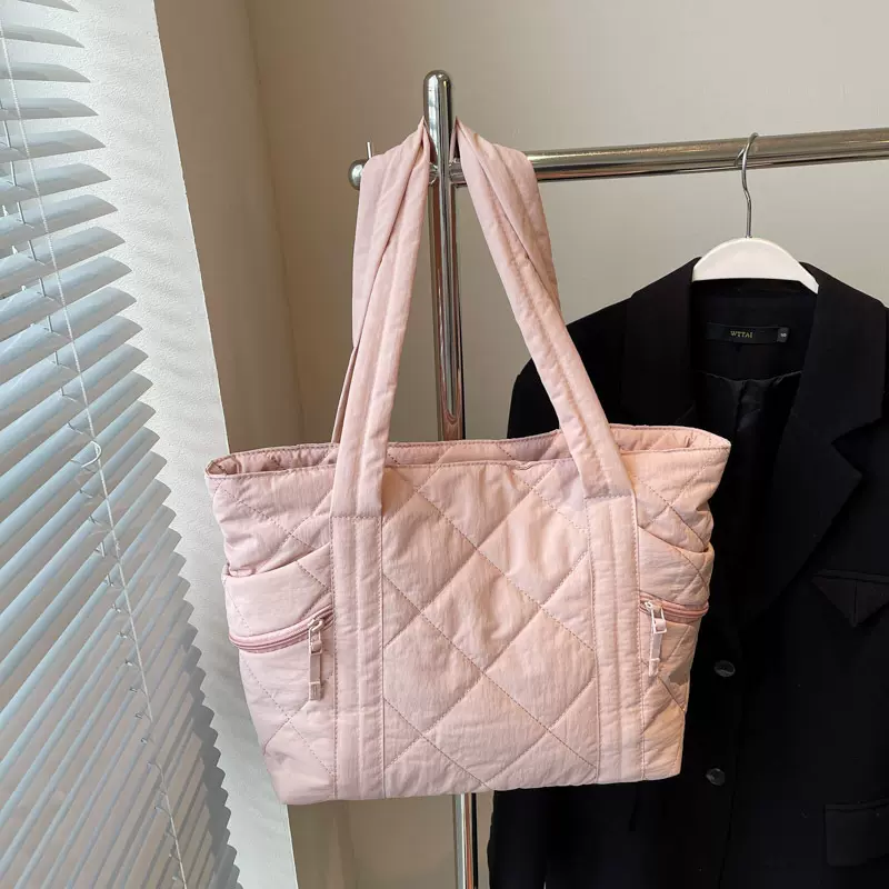 时尚简约菱格托特包女通勤上班大容量单肩包大学生上课手提收纳包