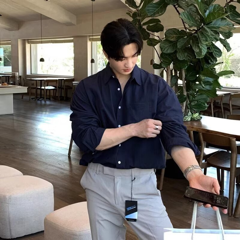 2026 Spring and Autumn New Hong Kong Style Japanese Pocket Workwear Solid Color Casual Shirt Men's Long Sleeve Cotton Shirt Trendy