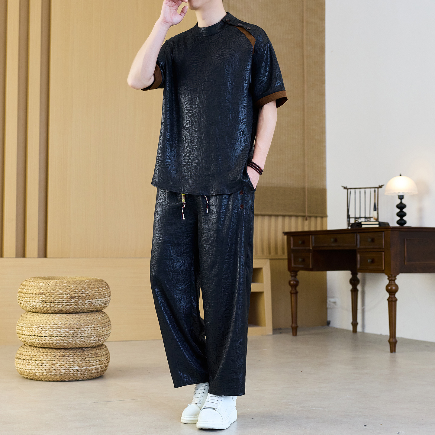 New Tang-style short-sleeved men's summer ice silk Chinese style new Chinese fashion loose casual two-piece set
