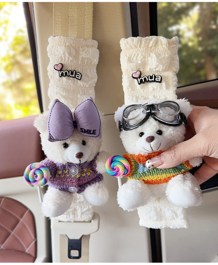 Car Seat Belt Anti-Leveler Shoulder Cover Plush Bear Car Creative Puff Belt Cover Car Interior Decoration Women