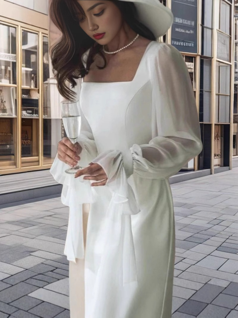 Robe en queue de poisson, nouveau Style français, col carré, maille épissée, légèrement translucide, manches cloche, taille amincissante, couleur unie, 2025