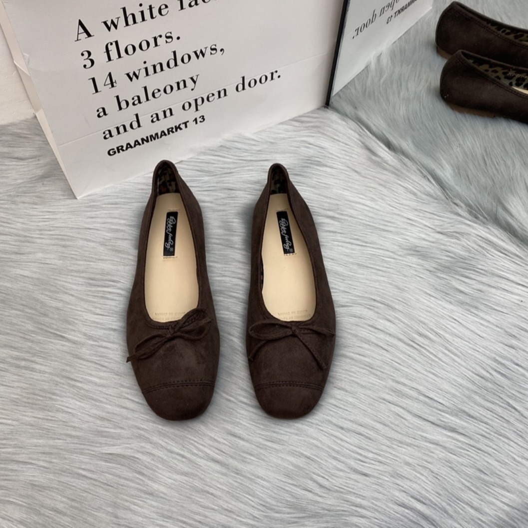 happyfeeling Shoes Korean Square Toe Shallow Bow Flat Shoes Ballet All-match Vintage Single-layer Shoes