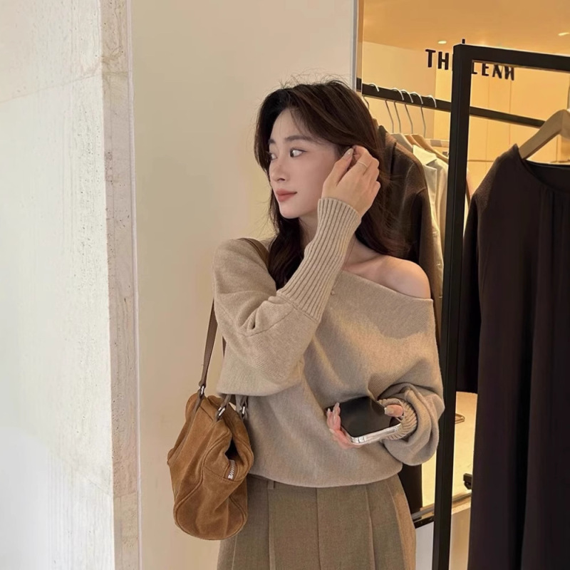 Factory In-Stock Pure Desire Style Knitwear Long-Sleeve Spring and Autumn Sweater Base Layer High-End Off-Shoulder Sweater Factory In-Stock Pure Desire Style Knitwear Long-Sleeve Spring and Autumn Sweater Base Layer High-End Off-Shoulder Sweater