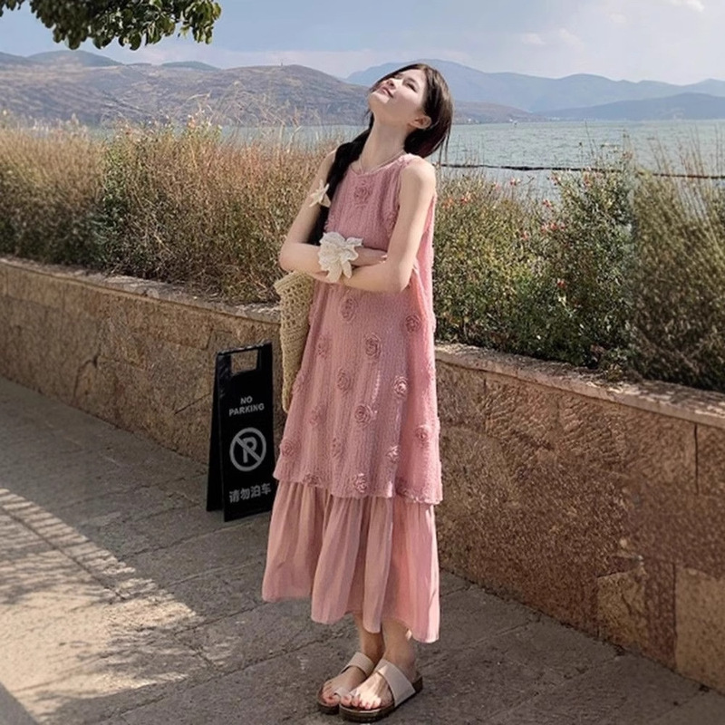 Seaside Holiday Style Long Dress Women's 2025 Summer New Sweet Three-dimensional Flower Fake Two-piece Loose Vest dress