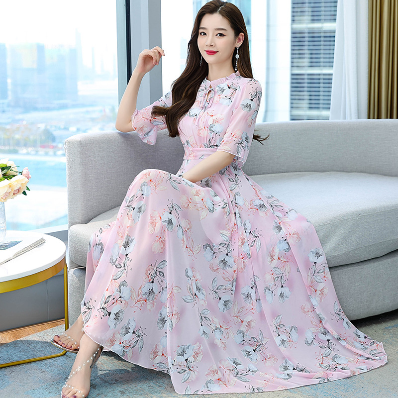 벨 슬리브 허리 슬림 여성 여름 패션 새로운 영국 스타일 스커트 비치 스커트와 유럽과 미국의 레이스 업 쉬폰 원피스