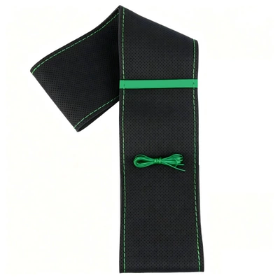 Wheel Protector — Steering wheel cover - universal-diy-hand-sewn-car-seat-cover-black-leather-full-perforation-green-label-green-stitching-38cm