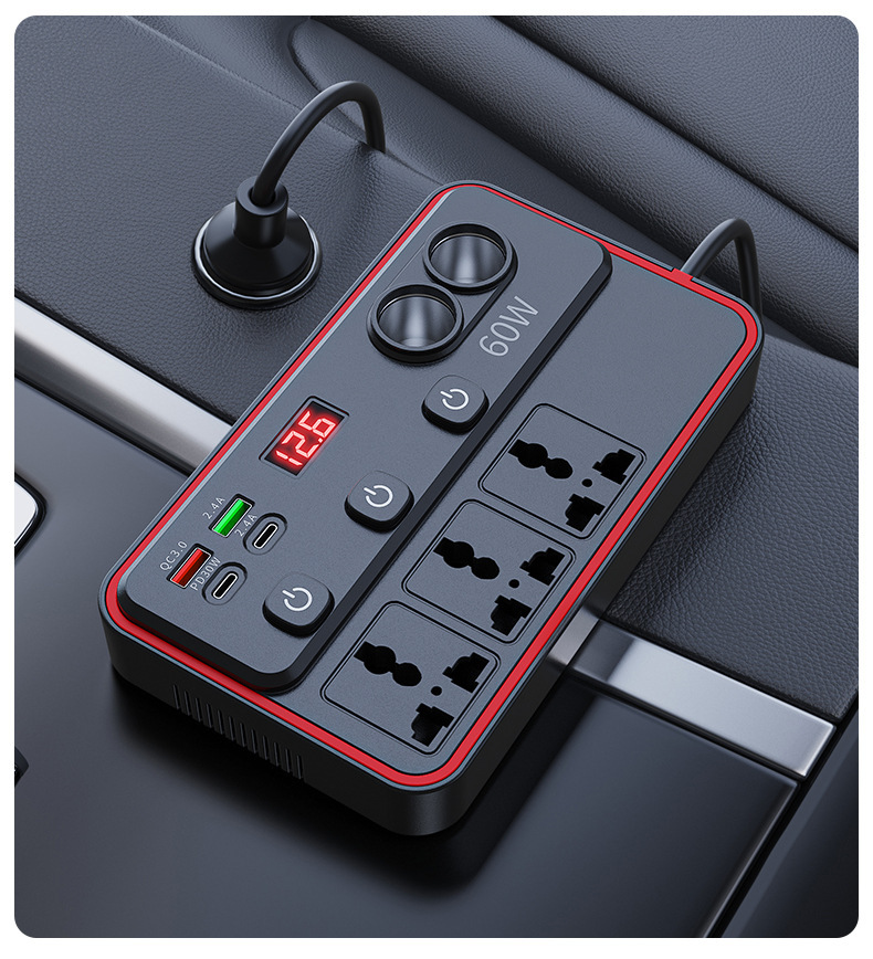 12V to 220V Car Inverter Converter USB Fast Charging Digital Display Car Cigarette Lighter Power Strip Exclusively for Cross-Border Supply