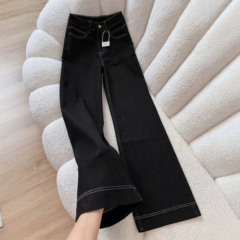 Dark American-style high-street slim-fit, non-stretch, retro black straight-leg pants for women, suitable for spring and autumn