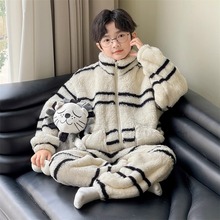 儿童装男童珊瑚绒睡衣冬季2025新款大童秋冬款男孩加绒加厚家居服