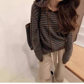 2025秋冬季新款条纹连帽毛衣女小个子慵懒风休闲宽松外穿针织衫女