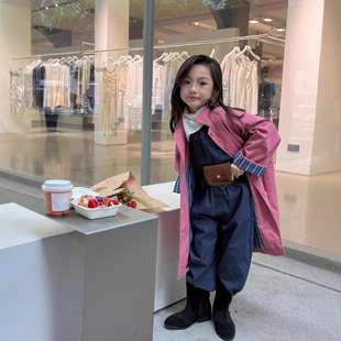 Girls' Autumn New Korean Style Color-Block Striped Long-Sleeve Trench Coat Windbreaker Mid-Length Fashion Korean Coat Trendy
