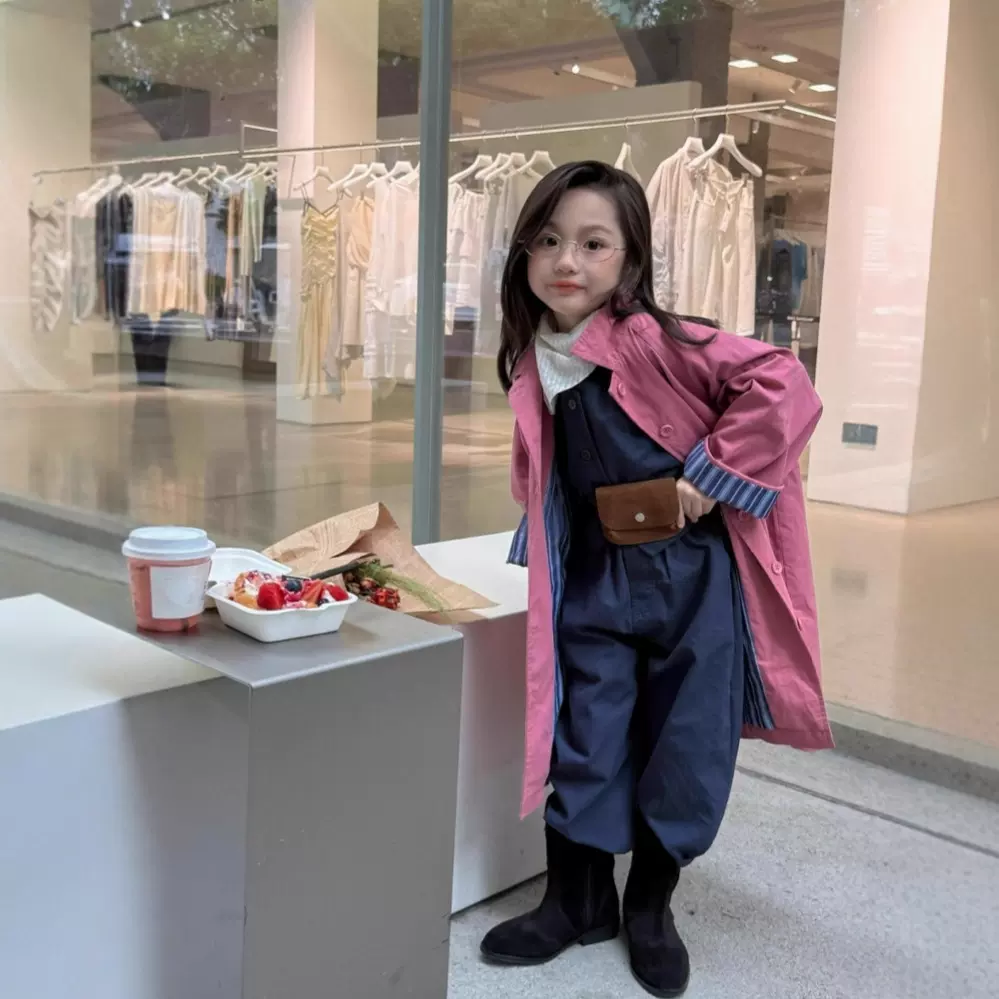 女童秋季新款韩版撞色条纹长袖风衣外套防风中长款时尚韩系大衣潮