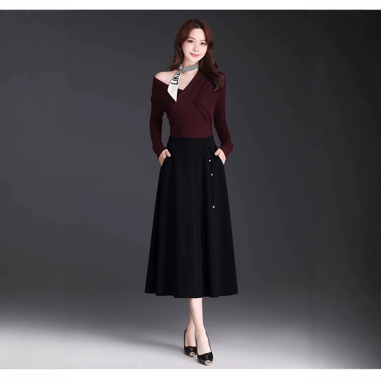 Летняя юбка 2025 года, повседневная, с высокой талией, эластичная, утягивающая, средней длины, универсальная, А-силуэта, с драпировкой