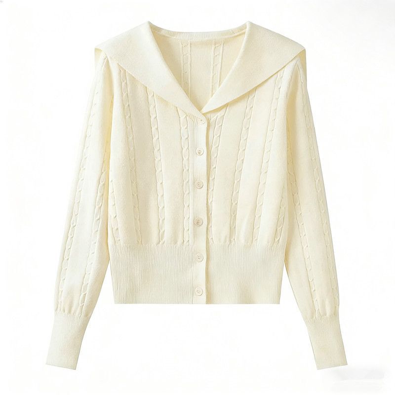 French-style fashionable navy collar long-sleeve knitted cardigan for women, 2026 spring, simple and versatile, slim-fit and slimming sweater