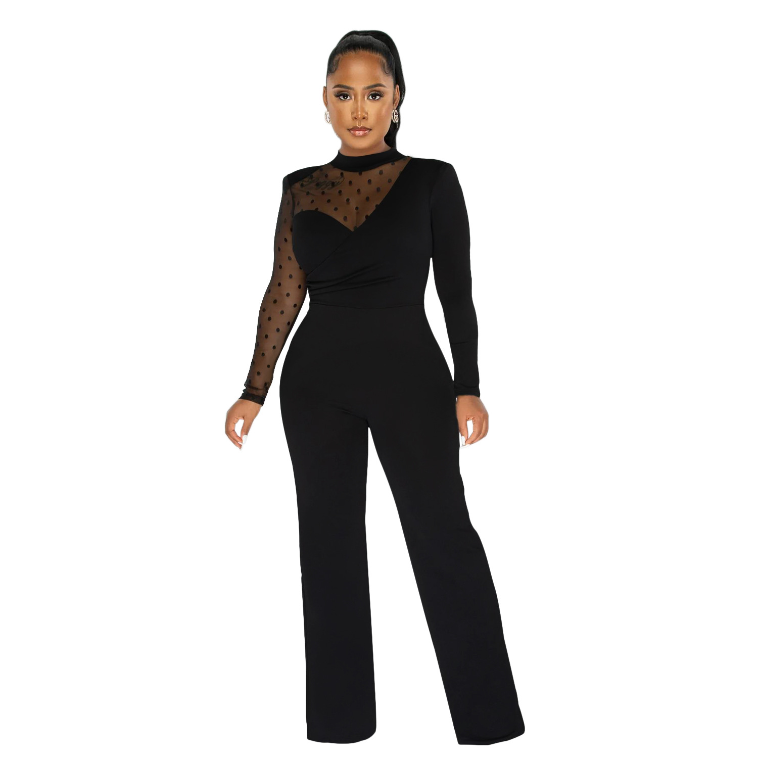 Women's Clothing fashion women's polka dot mesh see-through long-sleeved trousers solid color jumpsuit_voghion.com