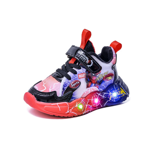 2024 Spring and Autumn New Children's Sports Shoes with Leather Spider-Man LED Sensing Light, Boys' Sports Casual Shoes