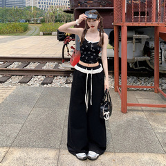腰を緩めてレースのワイドパンツをつなぎ合わせた女性2025年夏の新型ストレートのゆるい垂直感が痩せたカジュアルパンツ