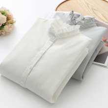 2024秋冬加绒保暖长袖衬衫女韩版宽松木耳边立领加厚女士衬衣批发