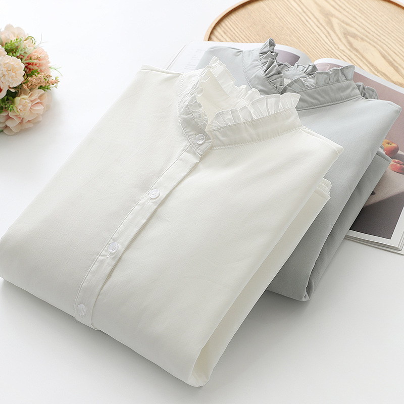 2024秋冬加绒保暖长袖衬衫女韩版宽松木耳边立领加厚女士衬衣批发