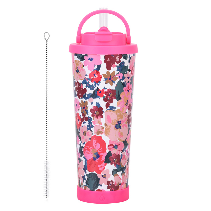 Yeni 830 ml büyük kapasiteli termos bardak, kullanışlı saplı, tek bardak, çift içme bardağı, büyük delikli baskılı pipetli bardak