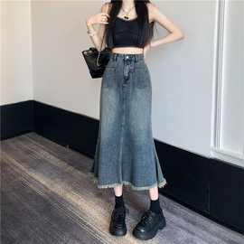 高级感中长款高级百搭鱼尾裙2024小个子显高高腰牛仔半身女装潮