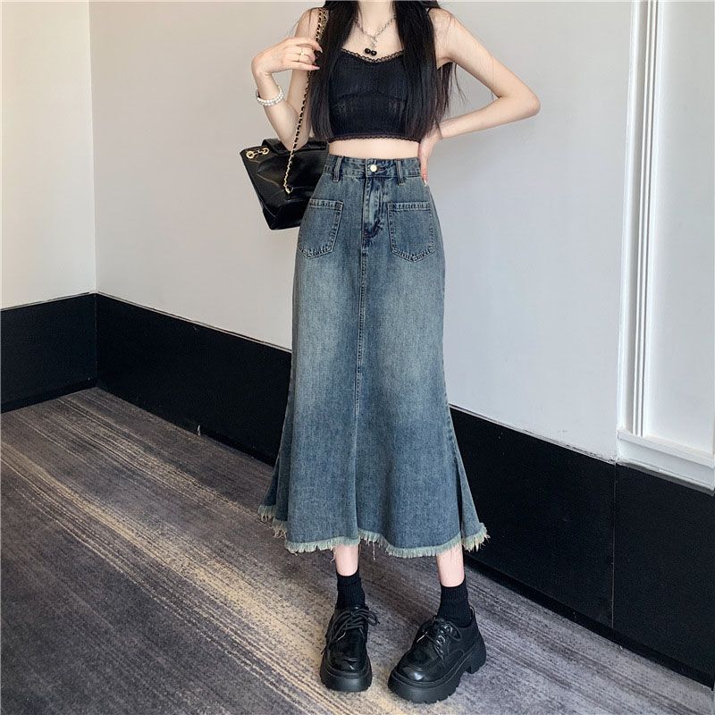 High-end Sense Mid-length High-end All-match Fishtail Skirt 2024 Small Height High Waist Denim Half-length Women's Fashion High-end Sense Mid-length High-end All-match Fishtail Skirt 2024 Small Height High Waist Denim Half-length Women's Fashion